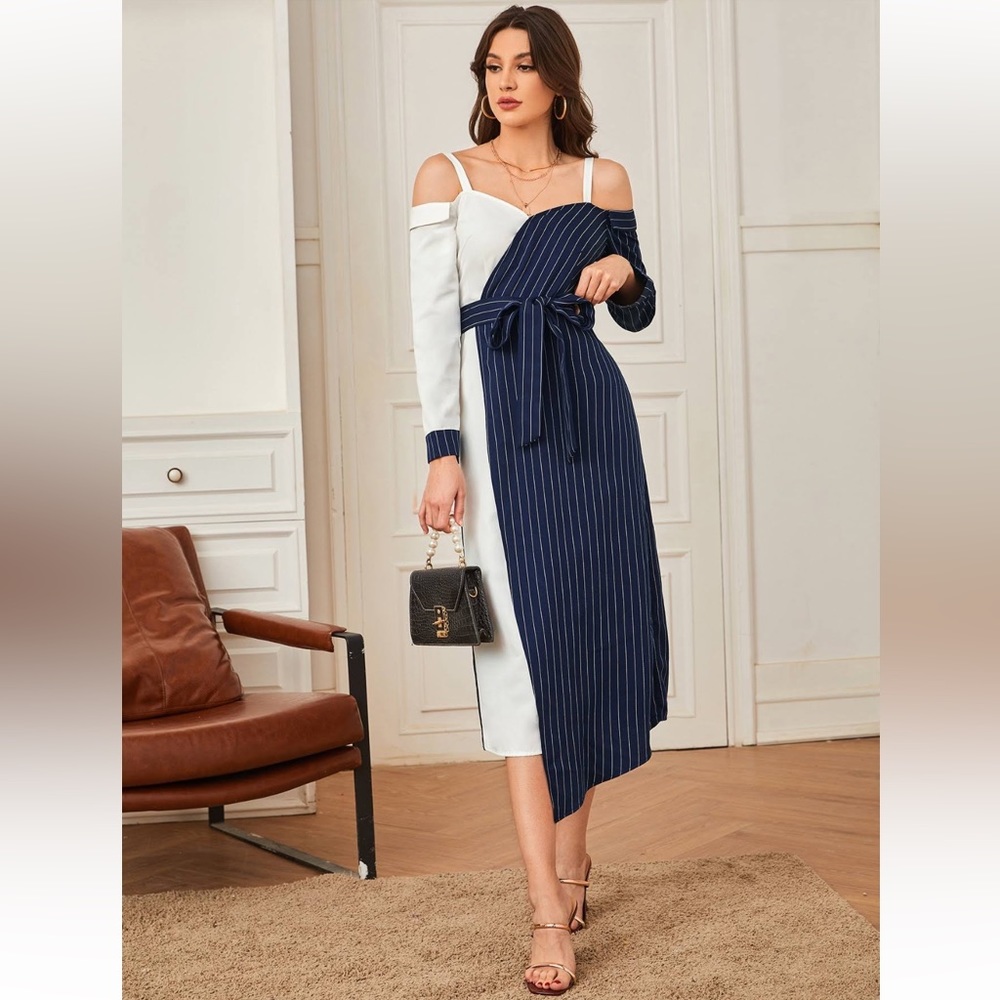 Pinstriped Two Tone Cold Shoulder Dress.